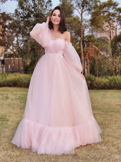 A-line Sweet Princess Long sleeved Floor Sweeping Tulle Inlaid Off Shoulder Dress
