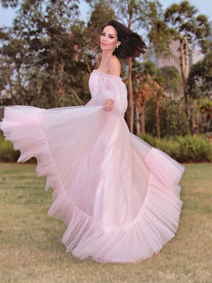 A-line Sweet Princess Long sleeved Floor Sweeping Tulle Inlaid Off Shoulder Dress