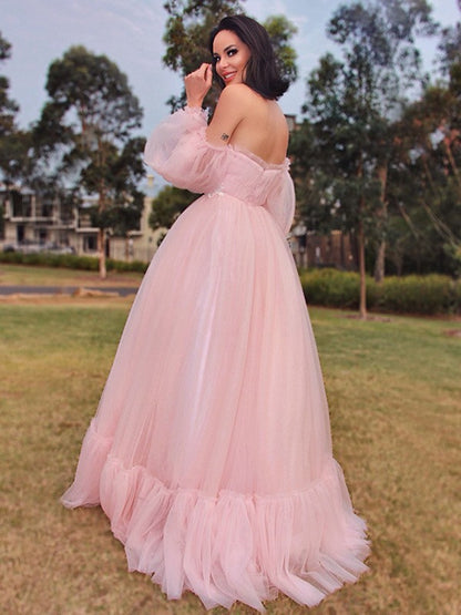 A-line Sweet Princess Long sleeved Floor Sweeping Tulle Inlaid Off Shoulder Dress