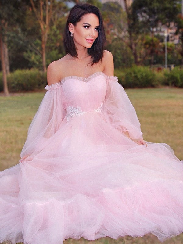 A-line Sweet Princess Long sleeved Floor Sweeping Tulle Inlaid Off Shoulder Dress