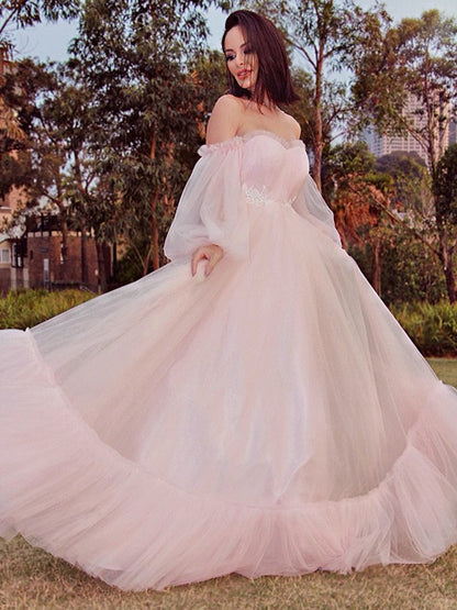 A-line Sweet Princess Long sleeved Floor Sweeping Tulle Inlaid Off Shoulder Dress