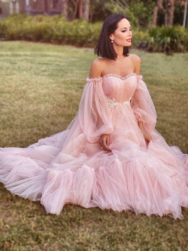 A-line Sweet Princess Long sleeved Floor Sweeping Tulle Inlaid Off Shoulder Dress