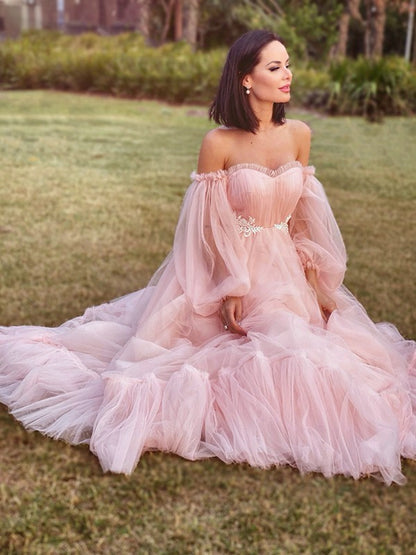 A-line Sweet Princess Long sleeved Floor Sweeping Tulle Inlaid Off Shoulder Dress