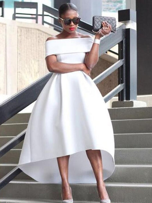 Sweet Princess Satin Ruffle Edge Elegant Off Shoulder Sleeveless Asymmetric Dress