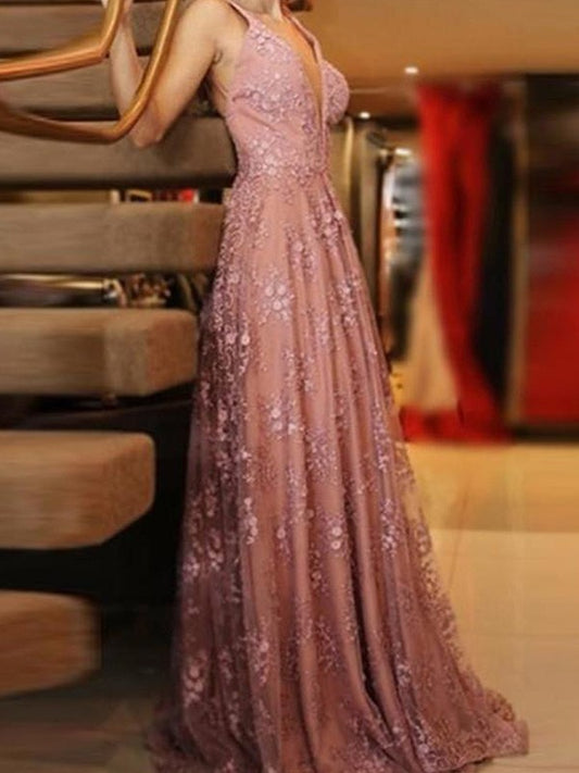A-line Elegant Princess Tulle V-neck Applique Sleeveless Bra Dress