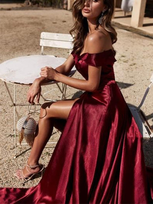 A-line Princess Off Shoulder Elastic Woven Satin with Ruffle Edge Palace Sleeveless Dress