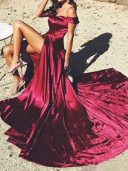 A-line Princess Off Shoulder Elastic Woven Satin with Ruffle Edge Palace Sleeveless Dress