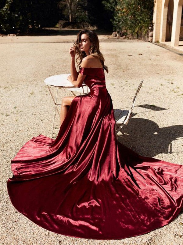A-line Princess Off Shoulder Elastic Woven Satin with Ruffle Edge Palace Sleeveless Dress