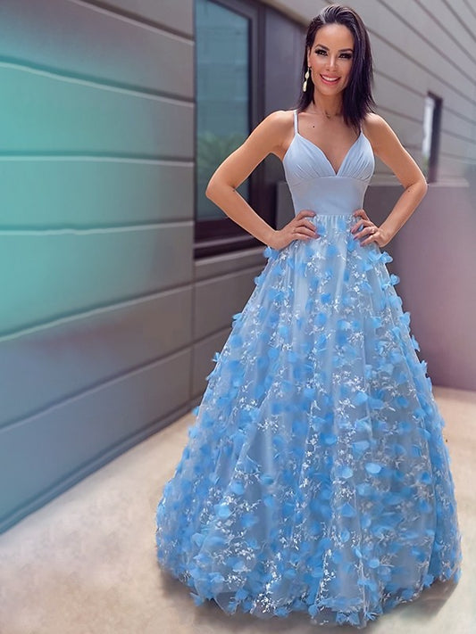 A-line Sweet Princess V-neck Tulle Applique Floor Elegant Sleeveless Dress