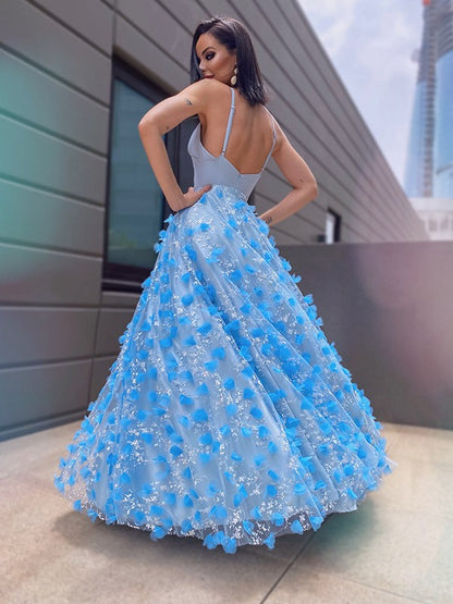 A-line Sweet Princess V-neck Tulle Applique Floor Elegant Sleeveless Dress