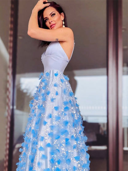 A-line Sweet Princess V-neck Tulle Applique Floor Elegant Sleeveless Dress