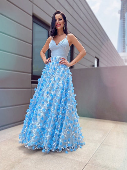 A-line Sweet Princess V-neck Tulle Applique Floor Elegant Sleeveless Dress