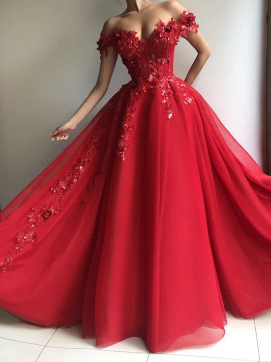 A-line Princess Tulle Off the Shoulder Sleeveless Sticker Floor Dress