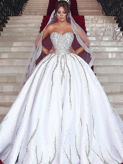 Sweet satin beaded sleeveless brush train wedding dress