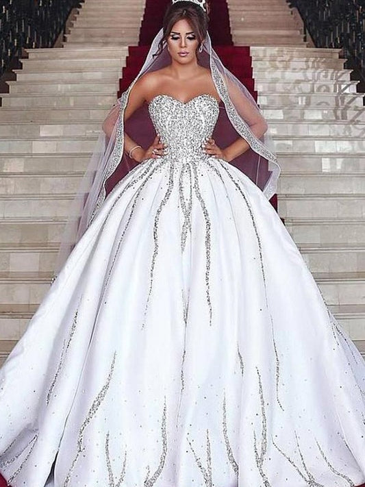 Sweet satin beaded sleeveless brush train wedding dress