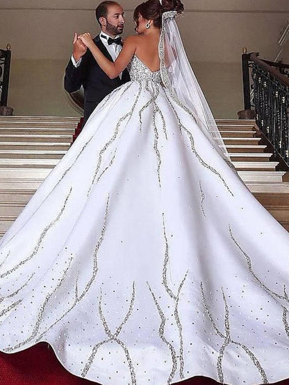 Sweet satin beaded sleeveless brush train wedding dress
