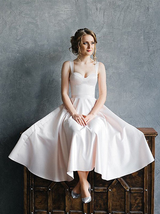 A-line Sweet Princess Strap Satin Ruffle Edge Sleeveless Tea Long Wedding Dress