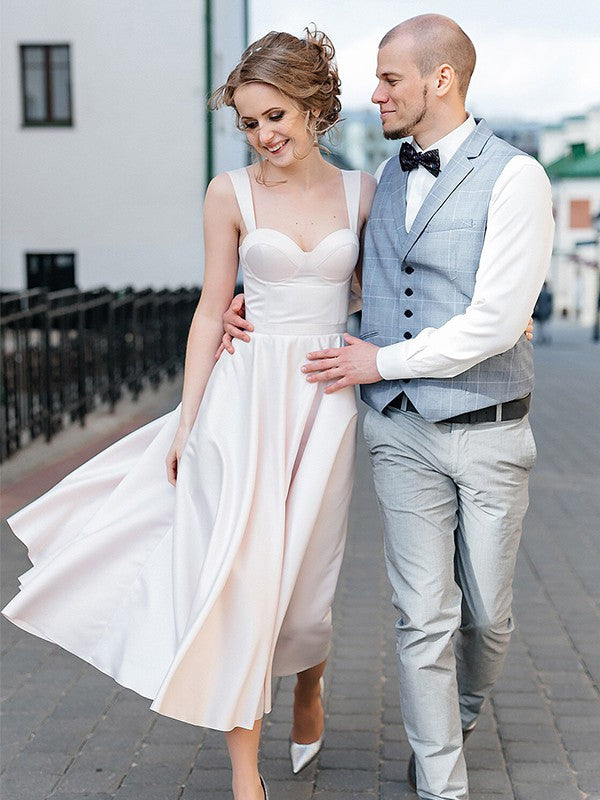 A-line Sweet Princess Strap Satin Ruffle Edge Sleeveless Tea Long Wedding Dress