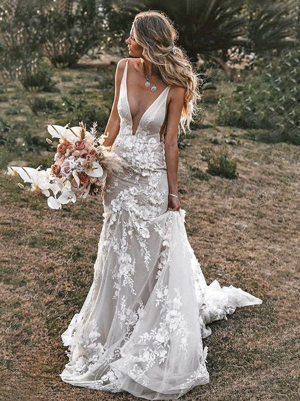 Sleeveless V-neck Wedding Dress with Sheath Cylindrical Sheer Chapel Hem Applique
