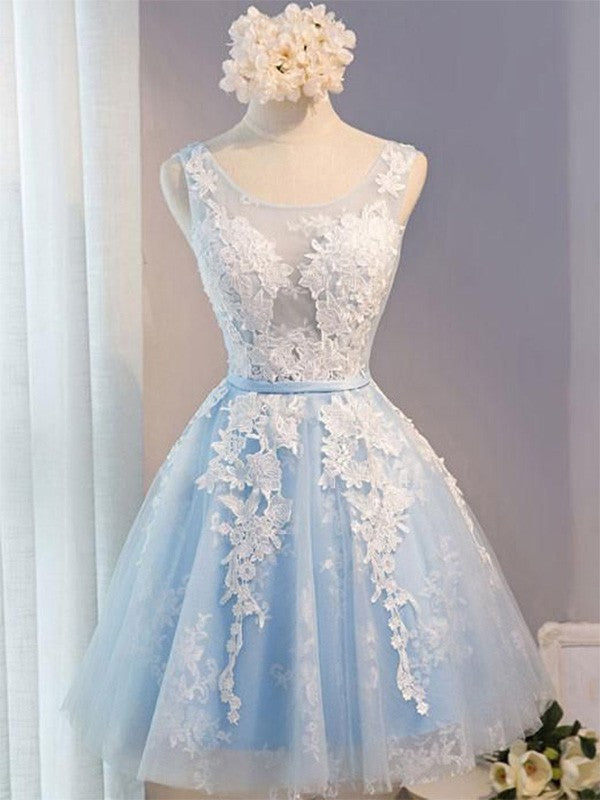 A-line Princess Tulle Applique Scoop Sleeveless Mini Homecoming Ball Dress