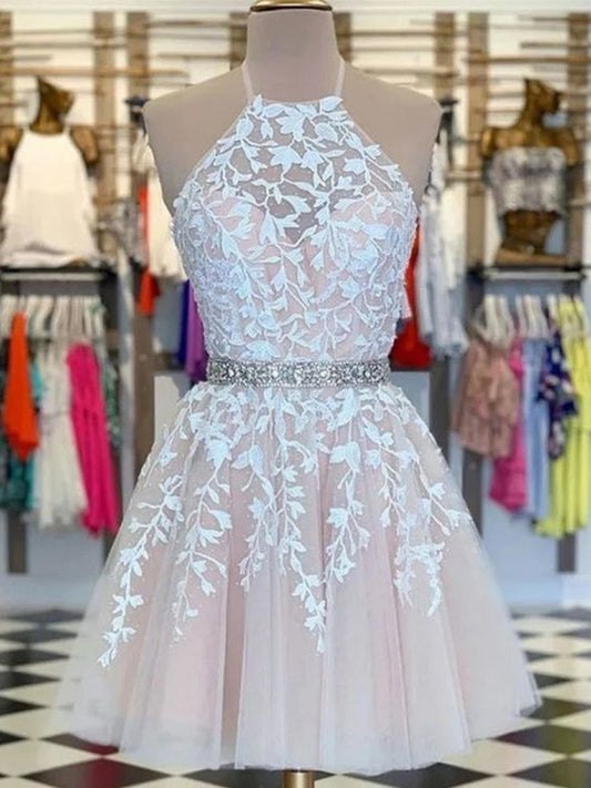 A-line Princess Applique Tulle Sleeveless Halter Mini Homecoming Ball Party Dress