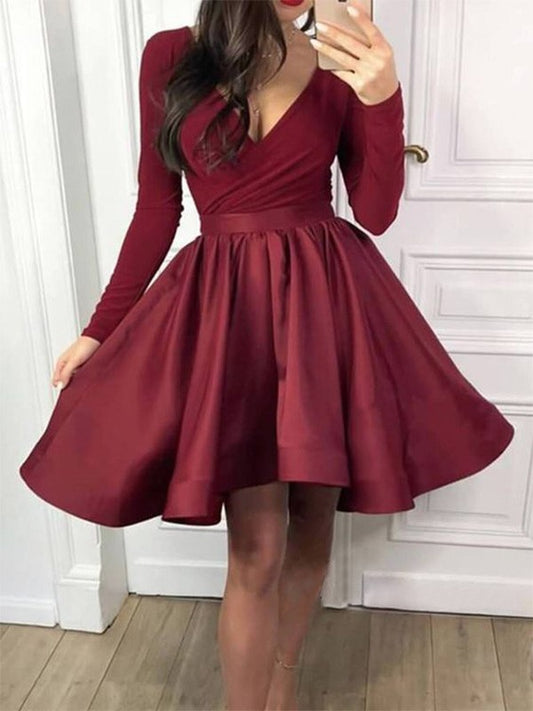 A princess ruffled long sleeved sexy V-neck satin mini homecoming dance dress