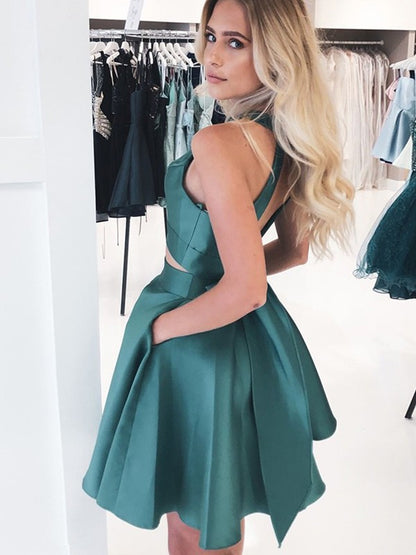 A-line Elegant Princess Sleeveless Satin Ruffle Edge Short Back to School Ball Dress