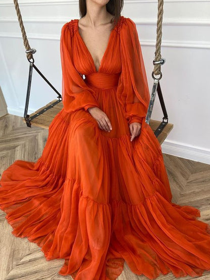 A-line Princess Dress Sexy V-neck Long sleeved 30D Chiffon Ruffle Edge Dress