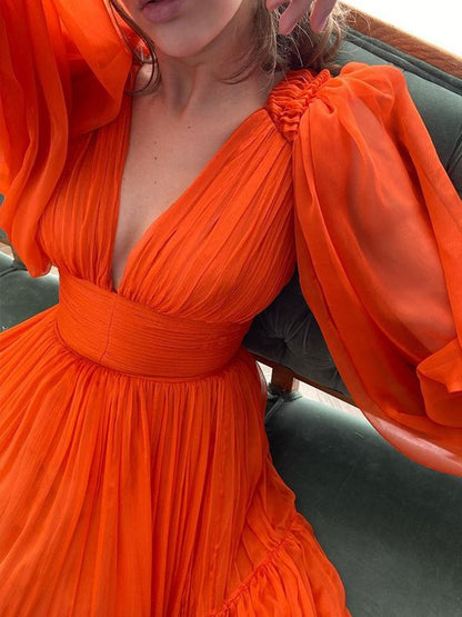A-line Princess Dress Sexy V-neck Long sleeved 30D Chiffon Ruffle Edge Dress