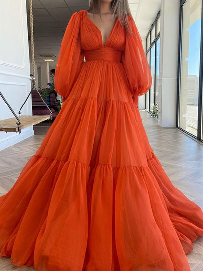 A-line Princess Dress Sexy V-neck Long sleeved 30D Chiffon Ruffle Edge Dress