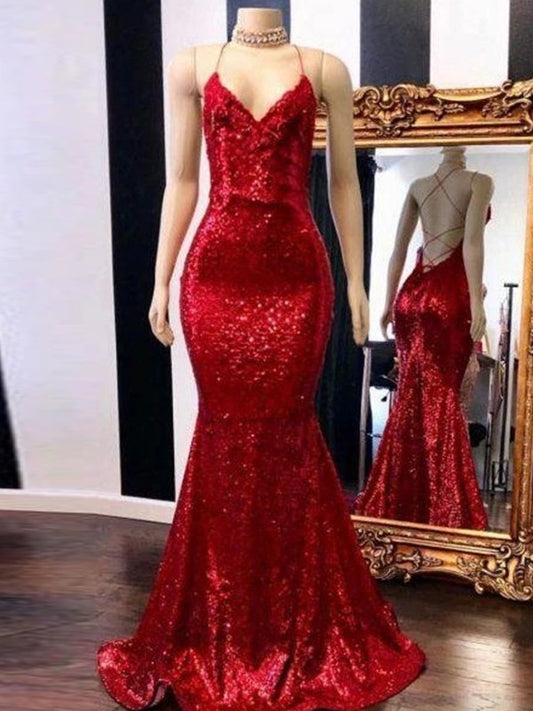 Loudspeaked Mermaid Brush Train Italian Noodle Strap Sleeveless Sequin Dress