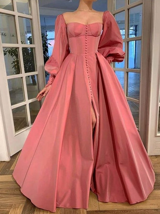 A-line Sweet Princess Long sleeved Square Ruffle Edge Satin Floor Dress