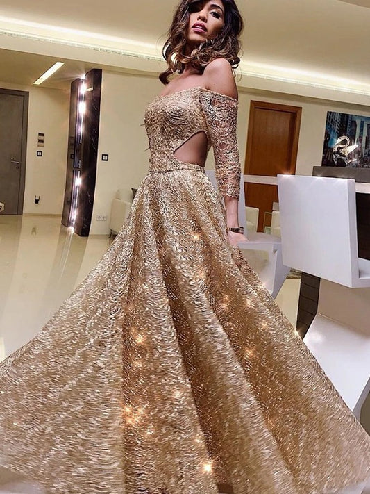 Princess sexy off the shoulder long sleeved sequined ruffled floor mop dress