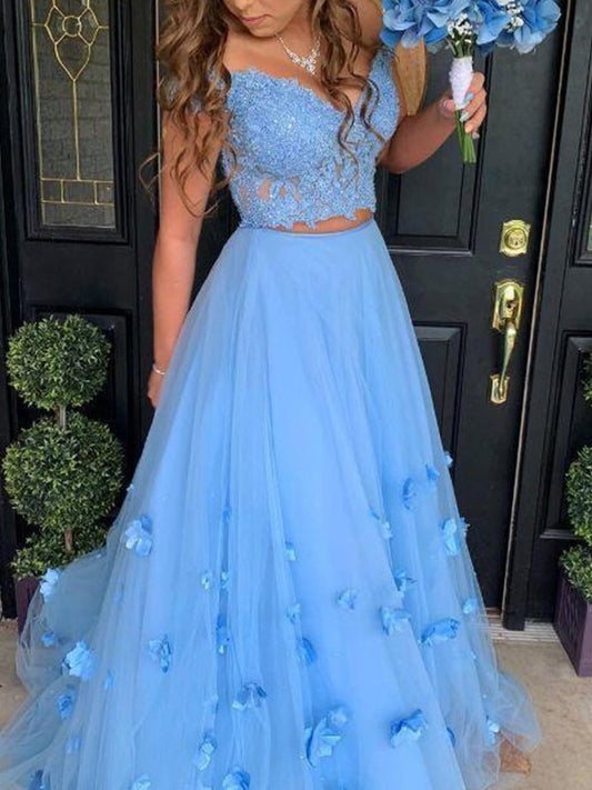 A-line Princess Tulle Off Shoulder Applique Sleeveless Floor Sweeping Evening Dress