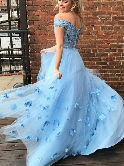 A-line Princess Tulle Off Shoulder Applique Sleeveless Floor Sweeping Evening Dress