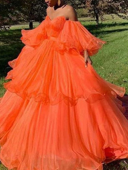 A-line skirt princess sexy off the shoulder Organza multi-layer long sleeved dress