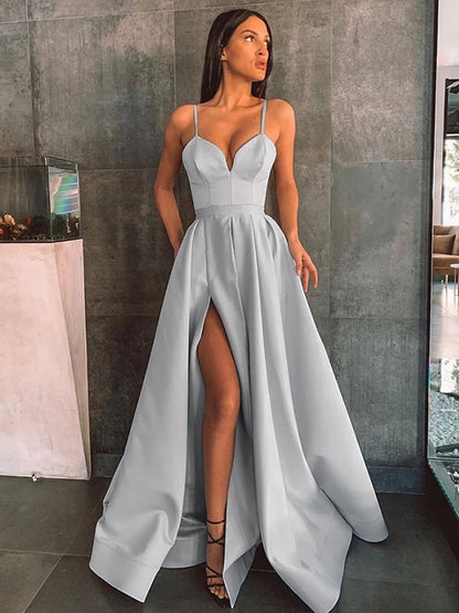 A-line sweet princess satin ruffled edge sleeveless thin shoulder strap and ground length skirt