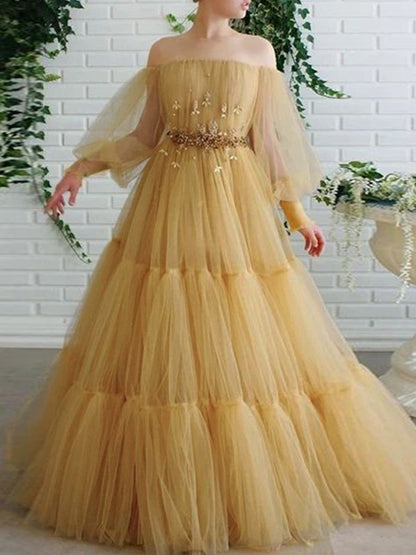 A-line Princess sheer sexy off the shoulder long sleeved floor mopping evening dress