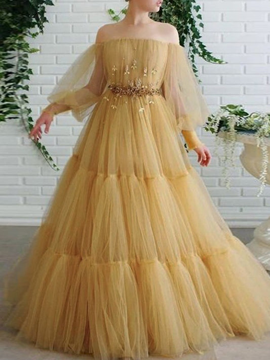 A-line Princess sheer sexy off the shoulder long sleeved floor mopping evening dress