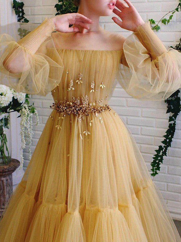 A-line Princess sheer sexy off the shoulder long sleeved floor mopping evening dress