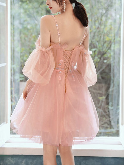 A-line Princess Tulle Beaded Italian Noodle Strap Mini Dress
