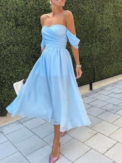A-line Princess Chiffon Sexy Off the Shoulder Sleeveless Tea Long Dress