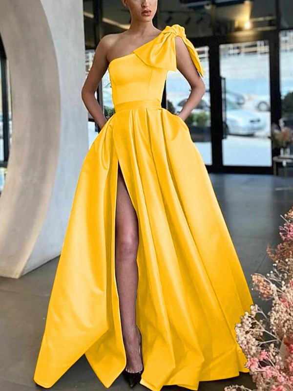 A-line Princess Satin Sexy One line Shoulder Lotus Leaf Edge Sleeveless Sweeping Shoulder Skirt