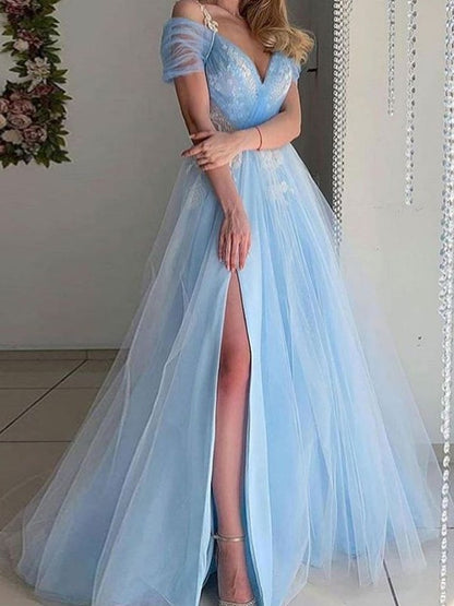 A-line Princess sheer lace V-neck short sleeved strapless evening dress