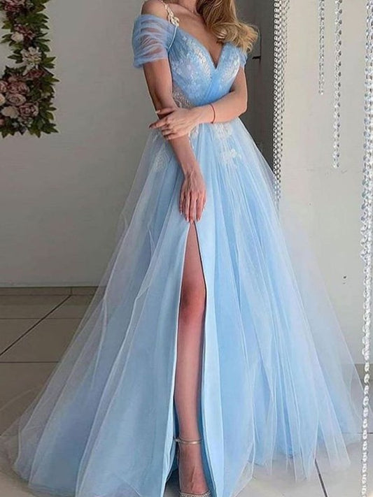 A-line Princess sheer lace V-neck short sleeved strapless evening dress
