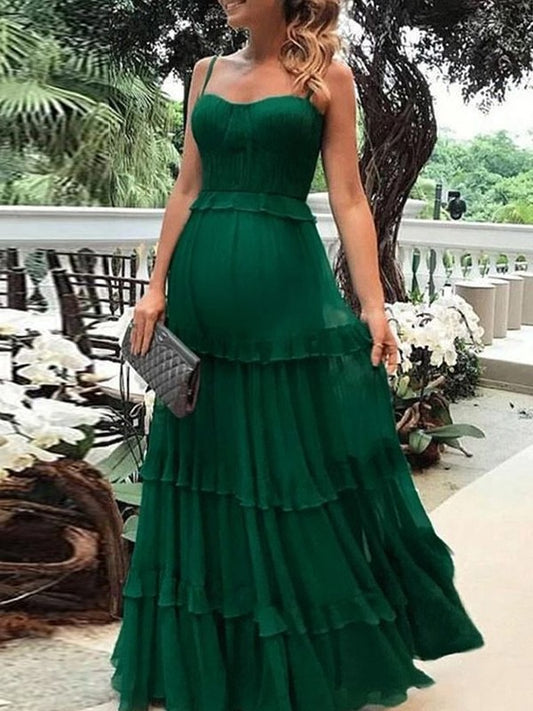 A-line Elegant Princess Chiffon Pleated Italian Noodle Strap Sleeveless Floor Dress
