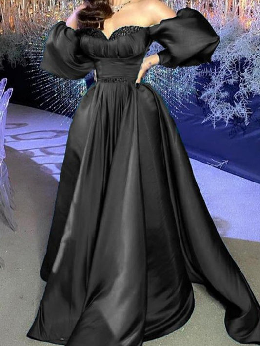 A-line Sweet Princess Satin Ruffle Edge Off Shoulder Long sleeved Dress