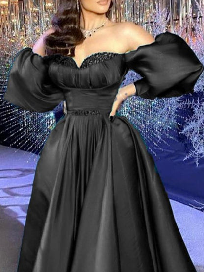 A-line Sweet Princess Satin Ruffle Edge Off Shoulder Long sleeved Dress