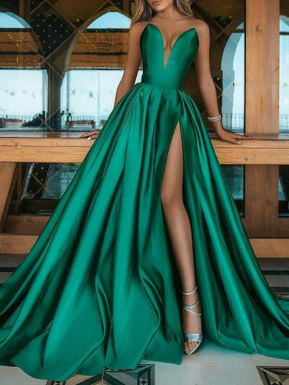 A-line skirt sweet princess satin ruffled V-neck sleeveless strapless skirt