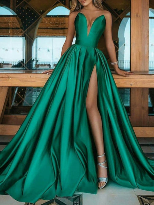 A-line skirt sweet princess satin ruffled V-neck sleeveless strapless skirt
